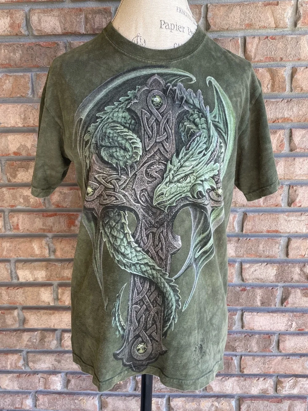 The Mountain Anne Stokes Collection Green Celtic Cross Dragon Graphic T-Shirt